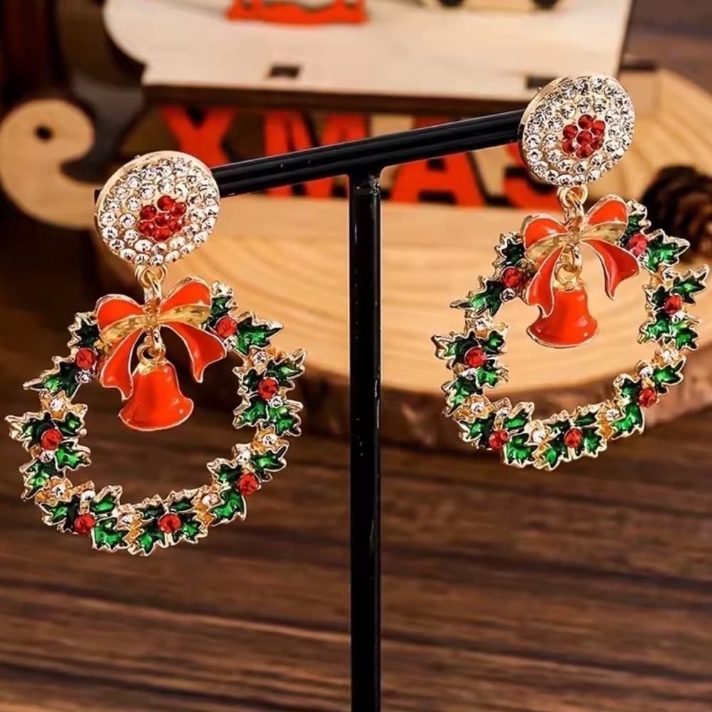 Christmas Wreath Earrings with Red Bell & Bow Holiday Statement Jewelry - Picture 5 of 7
